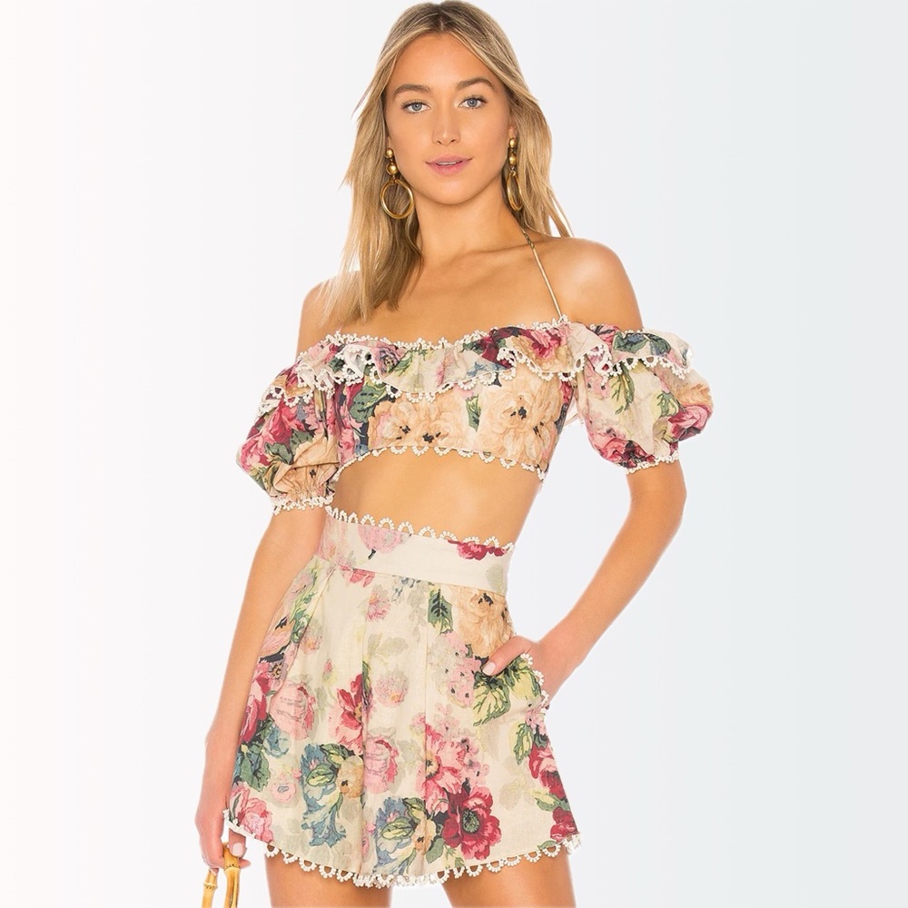 ZIMMERMANN $355 Melody Runway Off-Shoulder Linen Floral Ruffle Crop Top XS 0-2